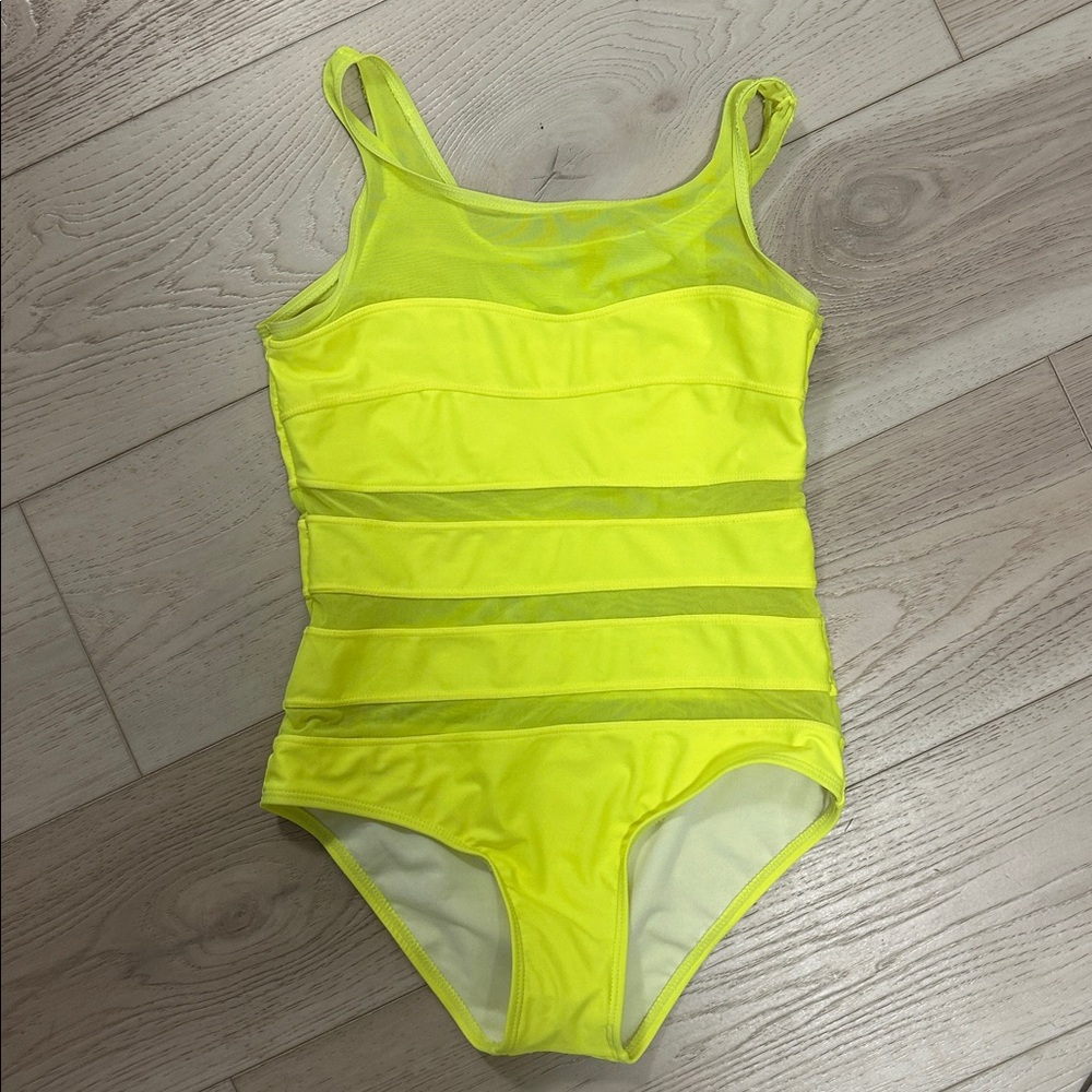 Neon Yellow Green Mesh Stripe One Piece Swimsuit Size Medium nwot